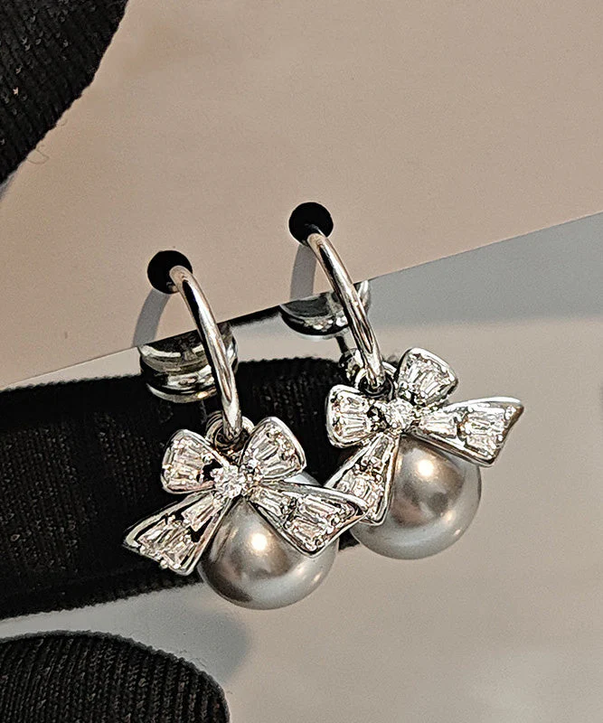 Original Design Bow Zircon Pearl Stud Earrings - Image 2