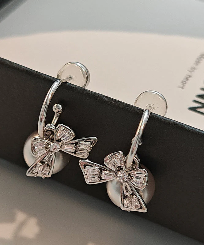 Original Design Bow Zircon Pearl Stud Earrings - Image 4