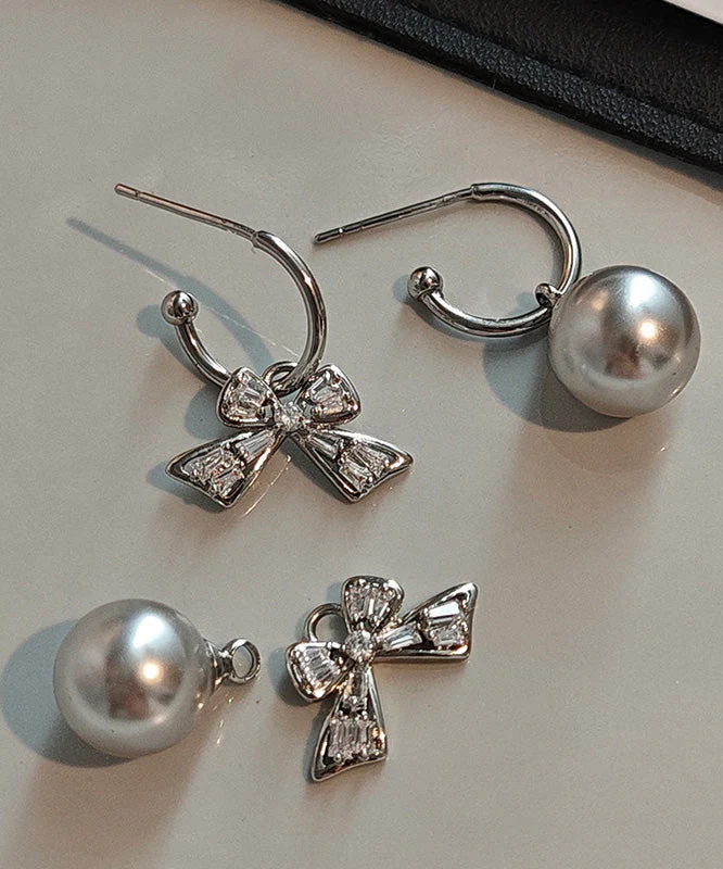 Original Design Bow Zircon Pearl Stud Earrings - Image 5