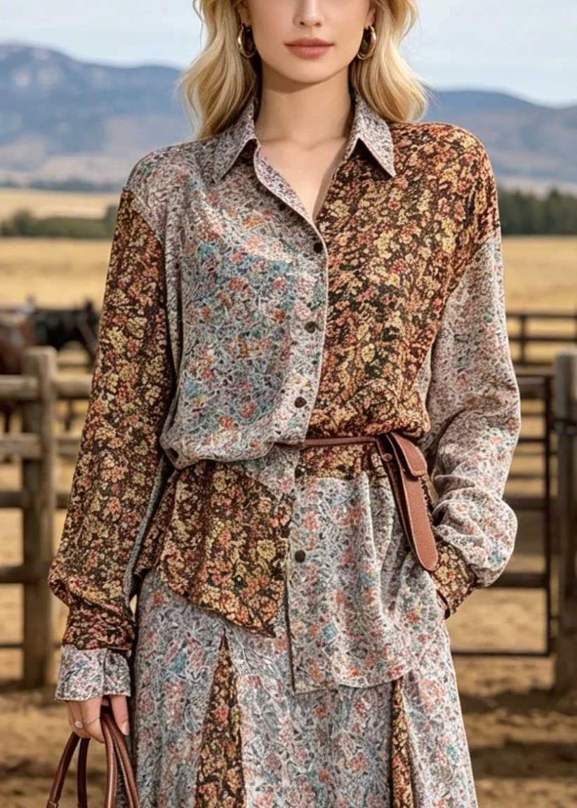Original Design Brown Asymmetrical Print Silk Two Pieces Set Spring - Image 2