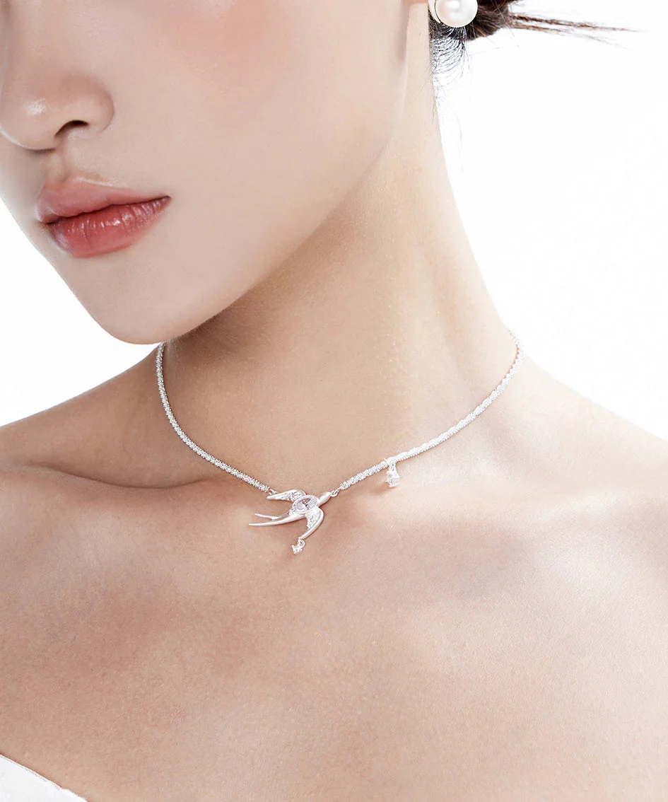 Original Design Chain With Bird Shaped Zircon Claw Set Diamond Silver Plated Choker - Image 3