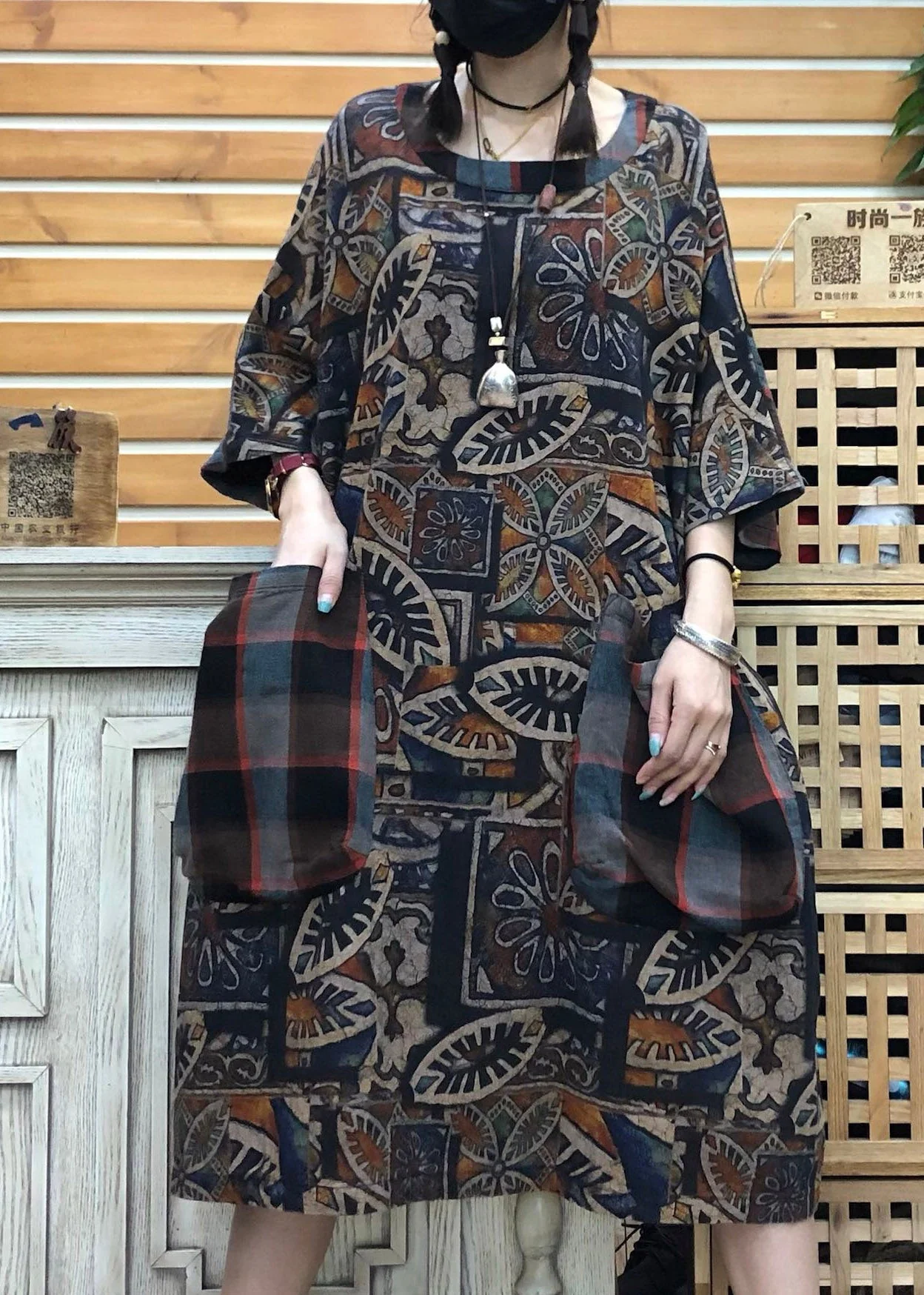 Original Design Chocolate O-Neck Print Patchwork Pockets Linen Dress Half Sleeve - Image 3