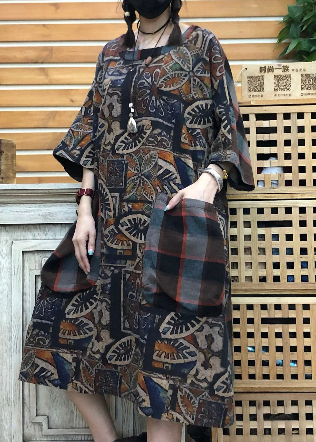 Original Design Chocolate O-Neck Print Patchwork Pockets Linen Dress Half Sleeve - Image 5