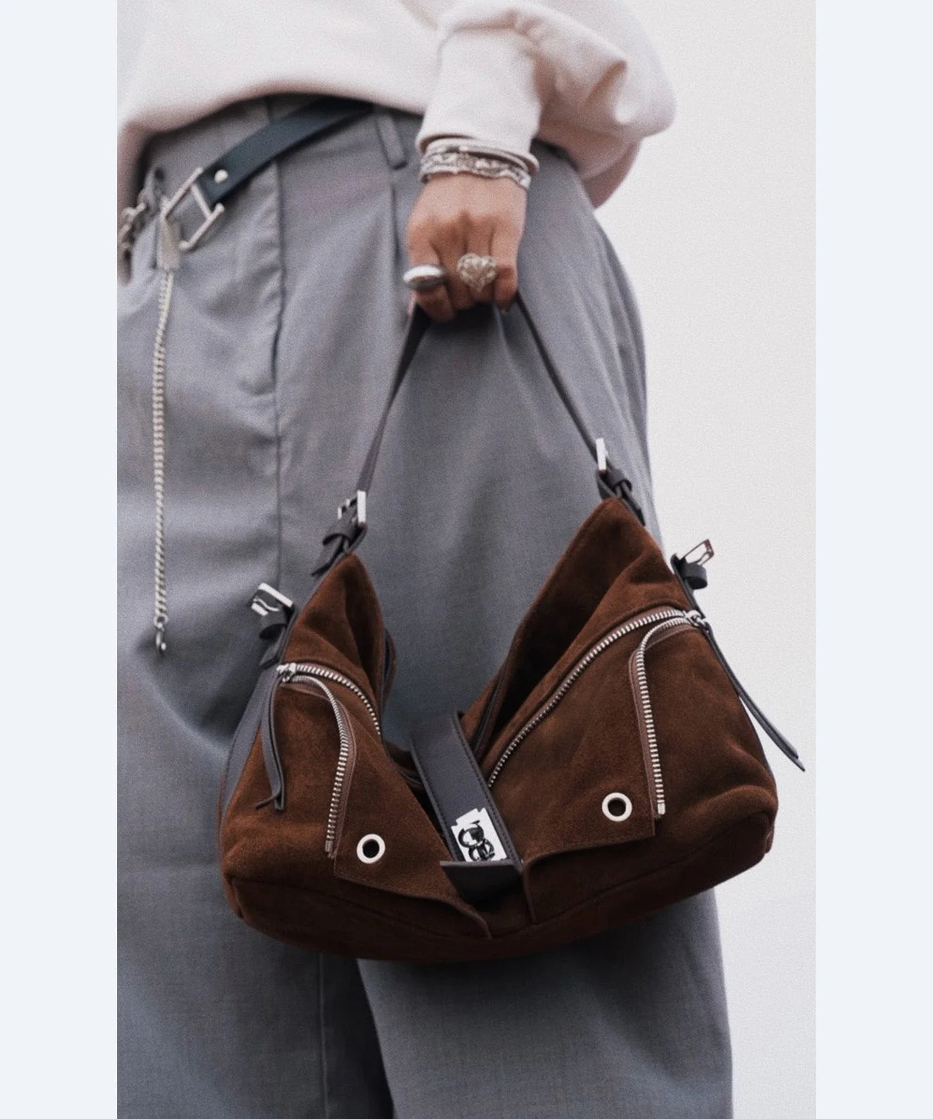 Original Design Coffee Zippered Suede Hobo Bag - Image 5