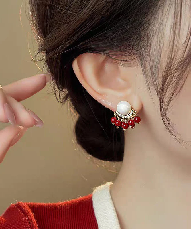 Original Design Colorblock Alloy Zircon Pearl Tassel Stud Earrings - Image 3