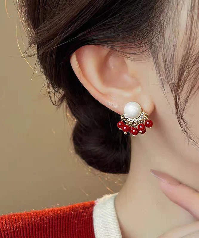 Original Design Colorblock Alloy Zircon Pearl Tassel Stud Earrings - Image 4