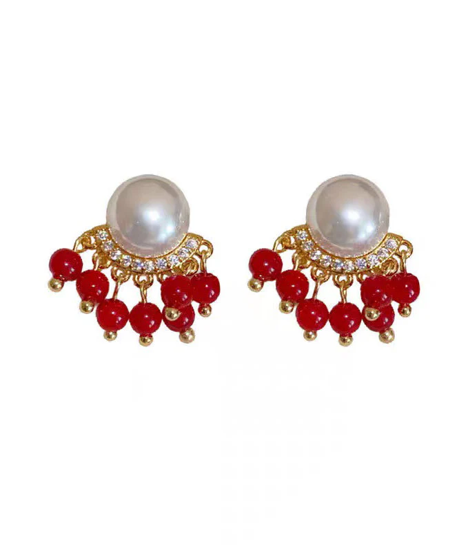 Original Design Colorblock Alloy Zircon Pearl Tassel Stud Earrings - Image 5