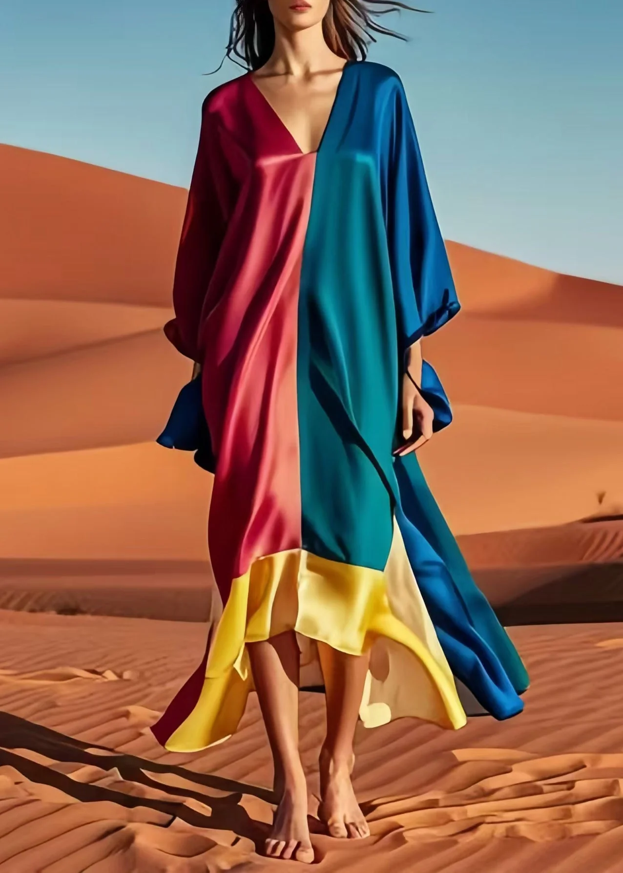 Original Design Colorblock Asymmetrical Patchwork Silk Vacation Dresses Spring - Image 2