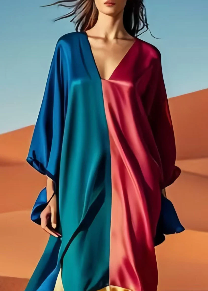 Original Design Colorblock Asymmetrical Patchwork Silk Vacation Dresses Spring - Image 3