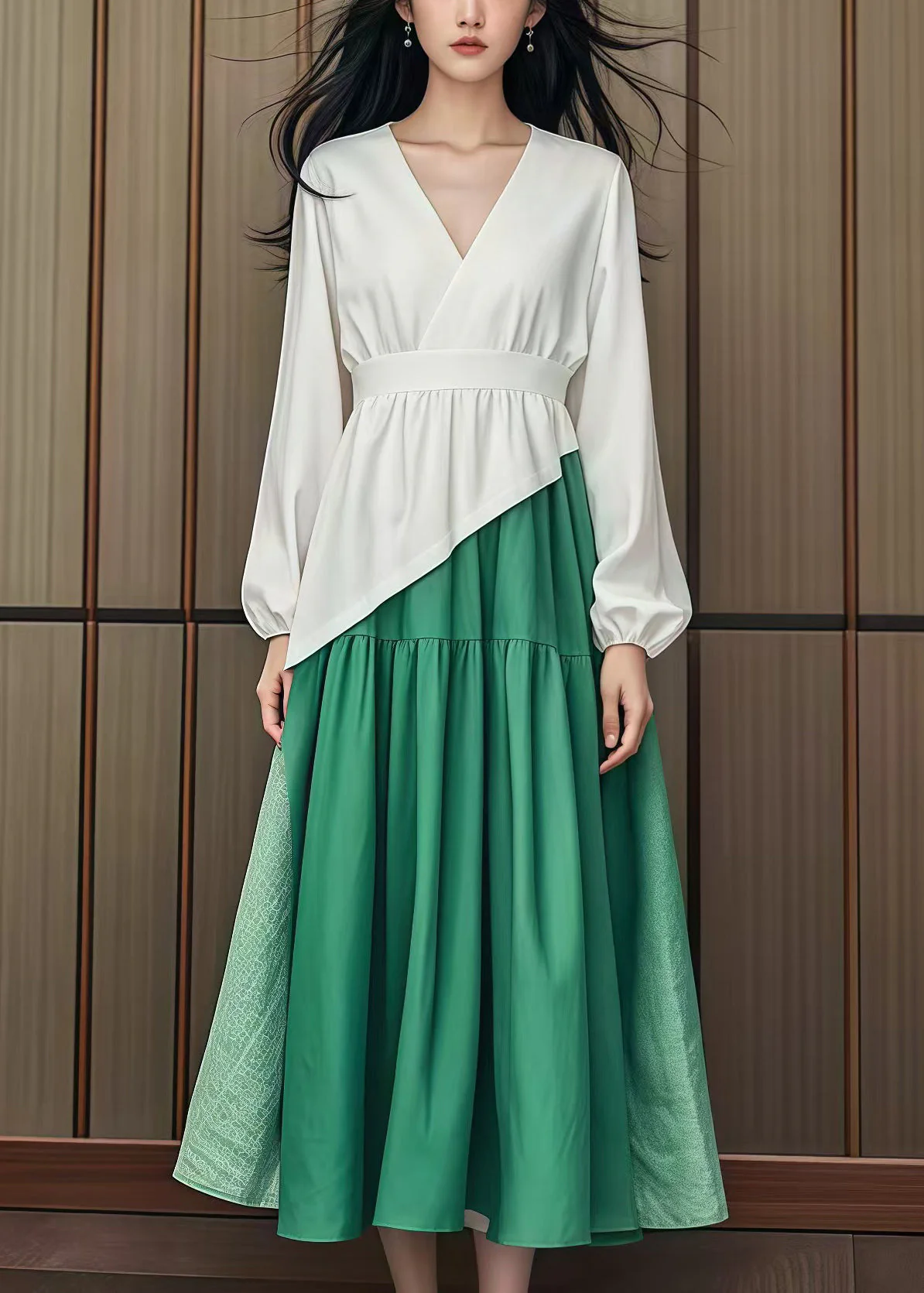 Original Design Colorblock Cinched Patchwork Cotton Dress Fall - Image 3