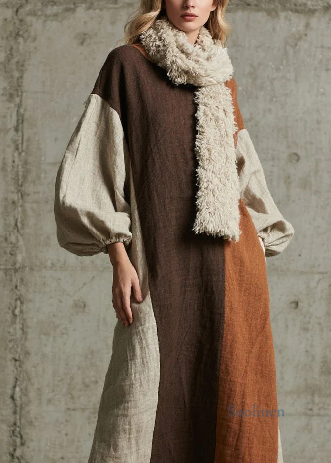 Original Design Colorblock Patchwork Cotton Long Dress Fall - Image 2