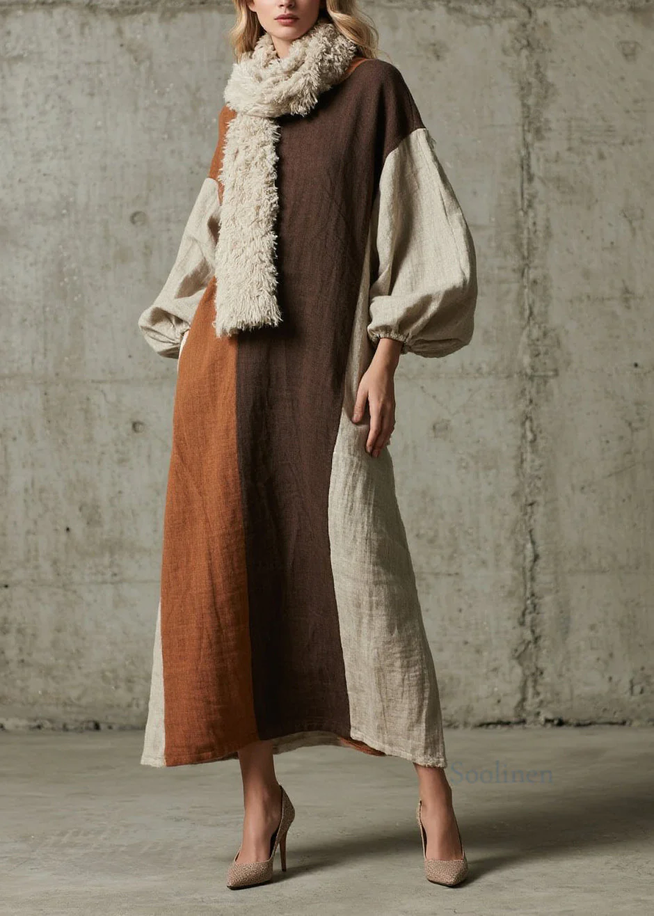 Original Design Colorblock Patchwork Cotton Long Dress Fall - Image 3