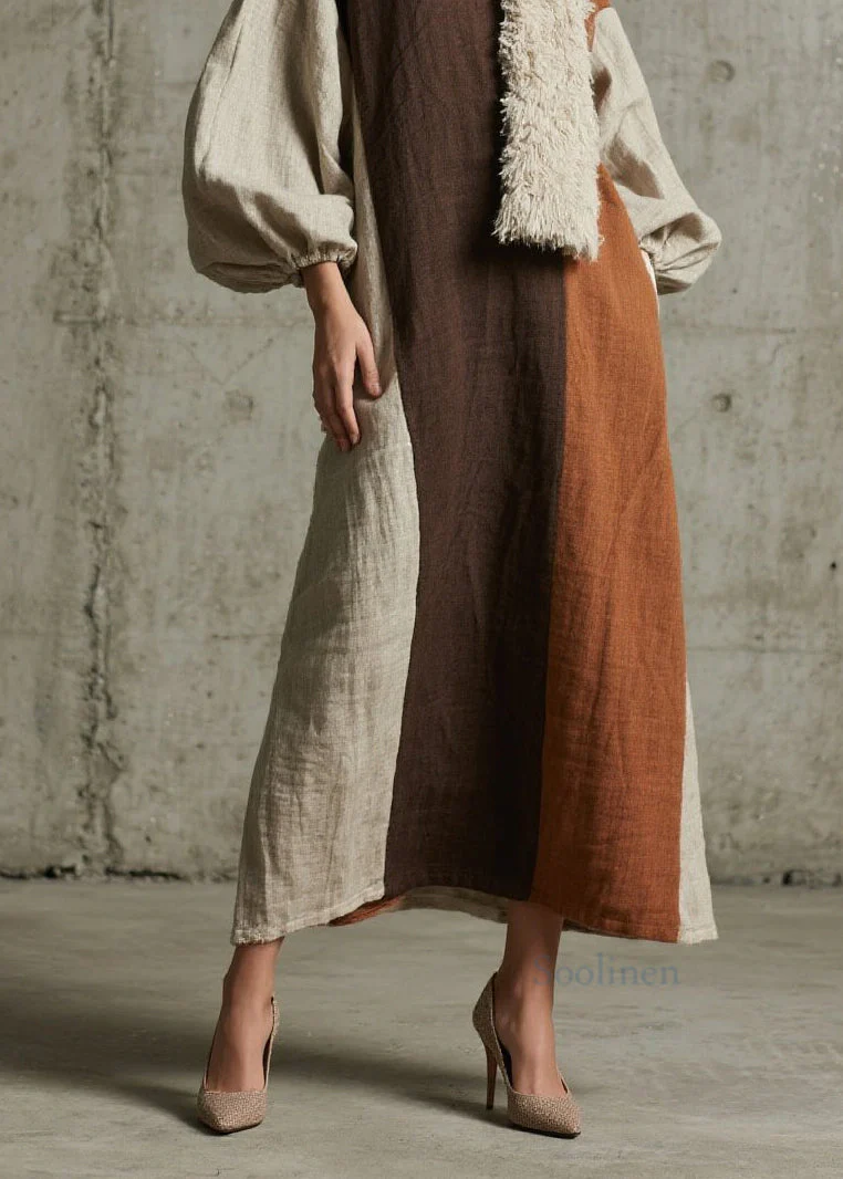Original Design Colorblock Patchwork Cotton Long Dress Fall - Image 4