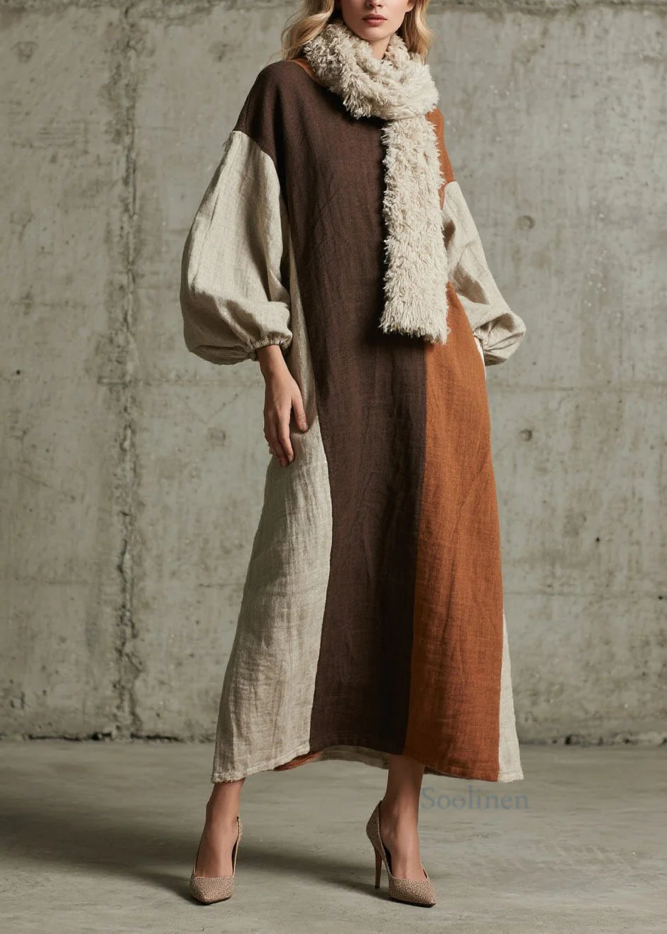 Original Design Colorblock Patchwork Cotton Long Dress Fall - Image 5