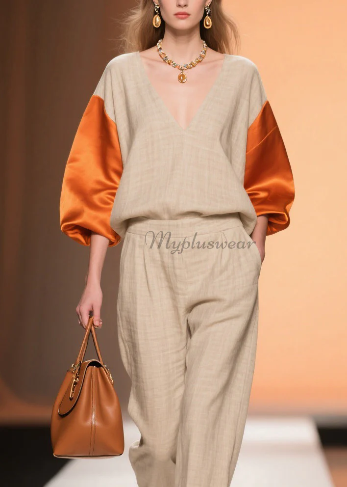 Original Design Colorblock V Neck Patchwork Linen Silk Two Piece Set Spring - Image 2
