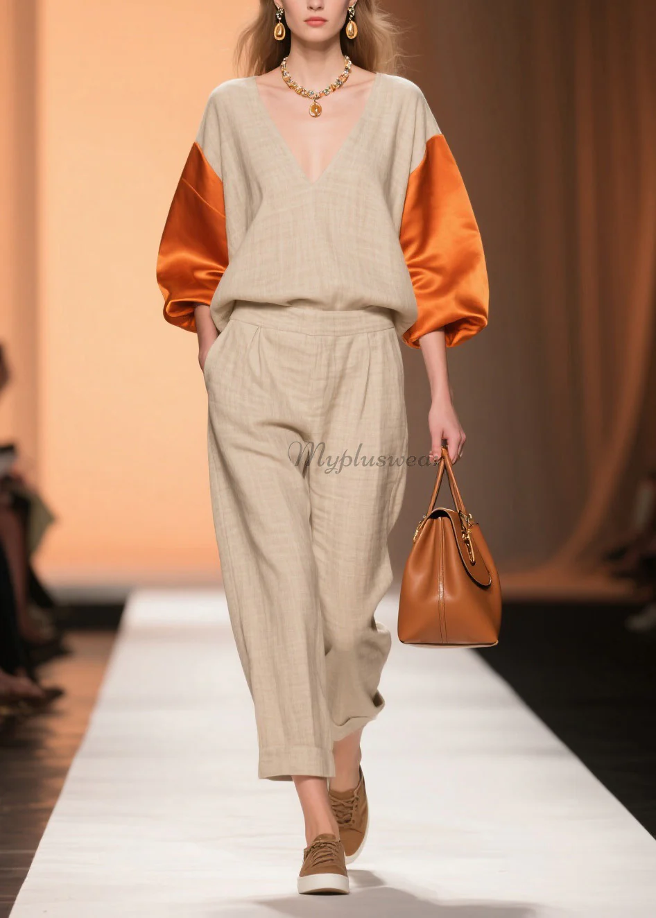 Original Design Colorblock V Neck Patchwork Linen Silk Two Piece Set Spring - Image 3