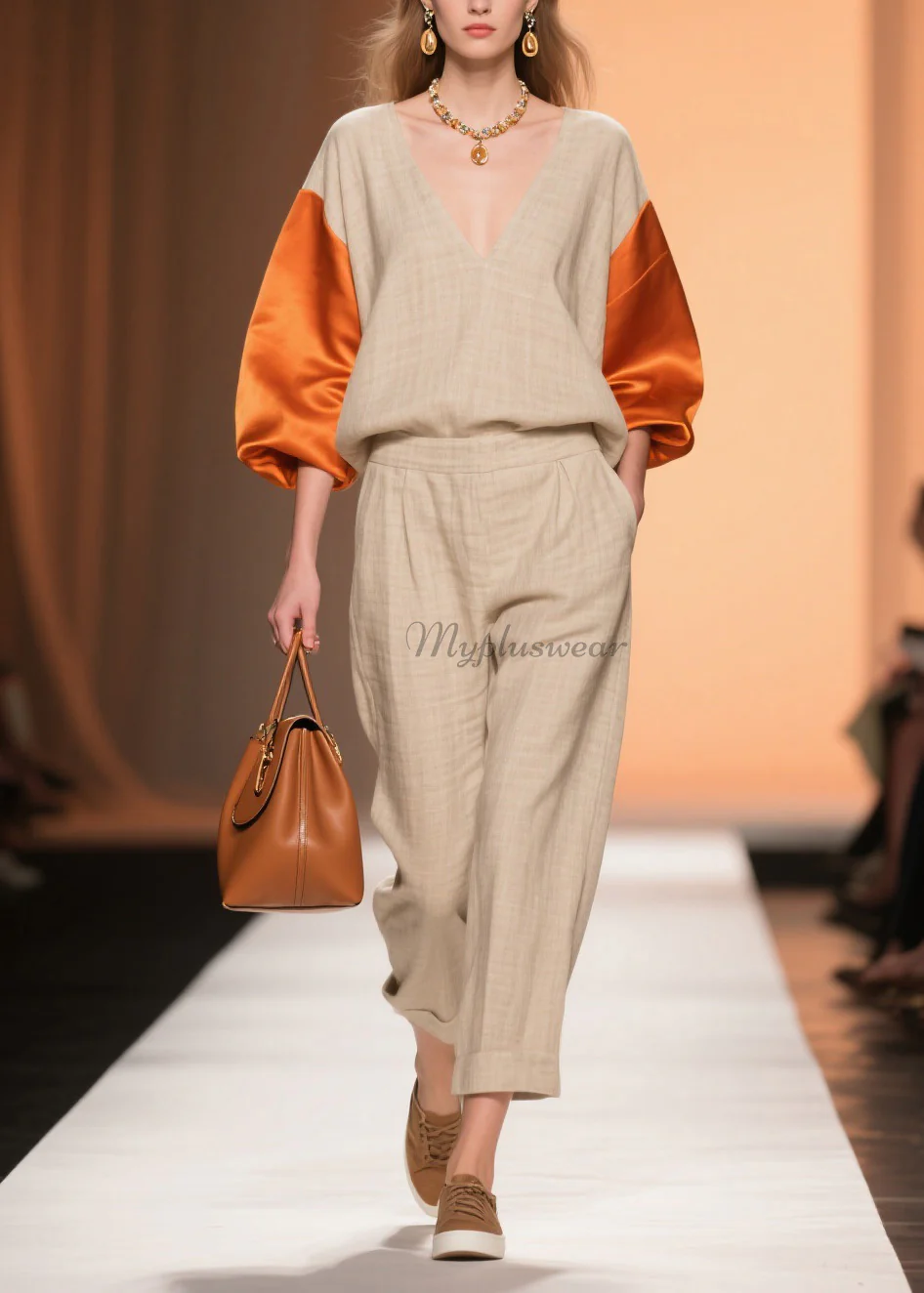 Original Design Colorblock V Neck Patchwork Linen Silk Two Piece Set Spring - Image 5