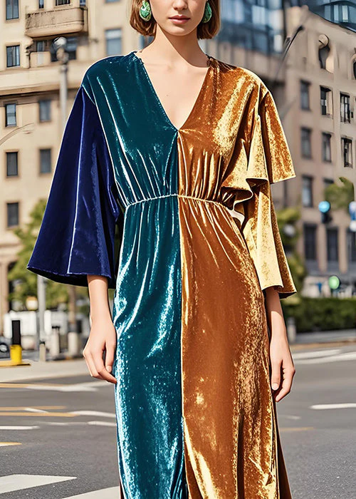 Original Design Colorblock V Neck Ruffled Velvet Dress Fall - Image 2