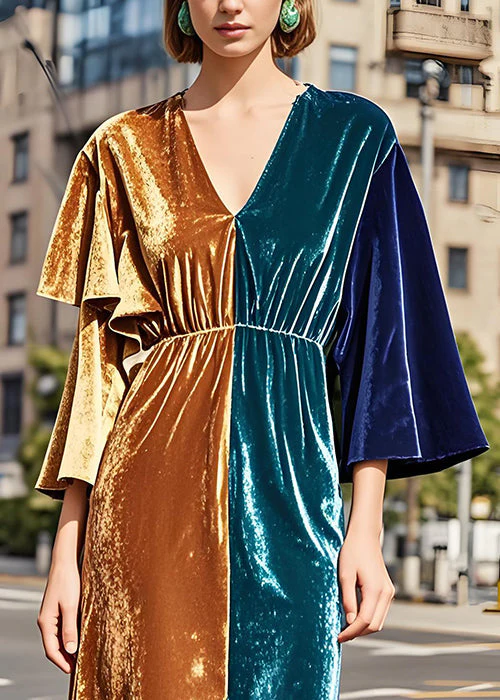 Original Design Colorblock V Neck Ruffled Velvet Dress Fall - Image 3