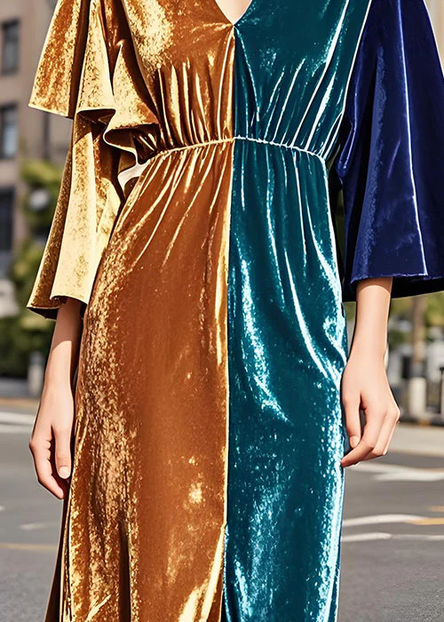 Original Design Colorblock V Neck Ruffled Velvet Dress Fall - Image 4