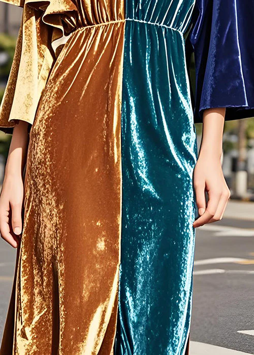 Original Design Colorblock V Neck Ruffled Velvet Dress Fall - Image 5
