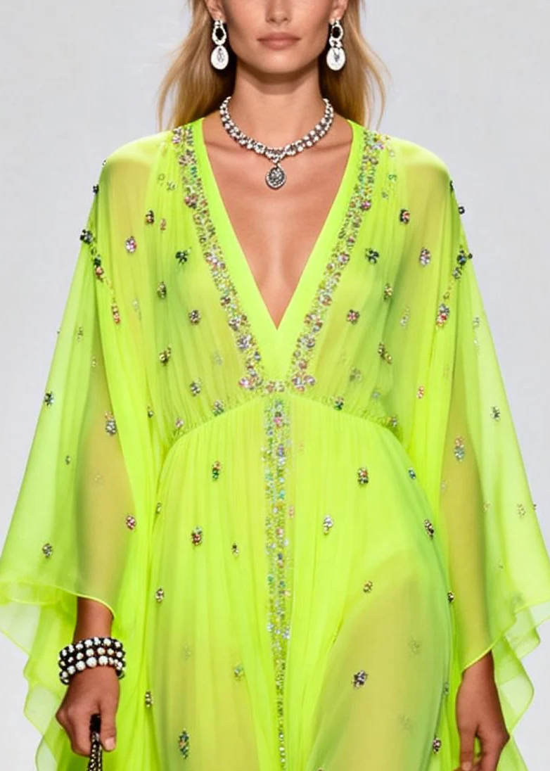 Original Design Fluorescent Green Rhinestone Exra Large Hem Chiffon Party Dresses Summer - Image 2