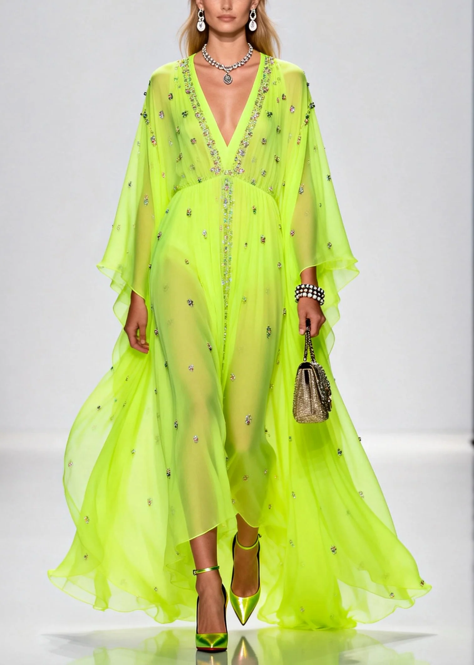 Original Design Fluorescent Green Rhinestone Exra Large Hem Chiffon Party Dresses Summer - Image 3