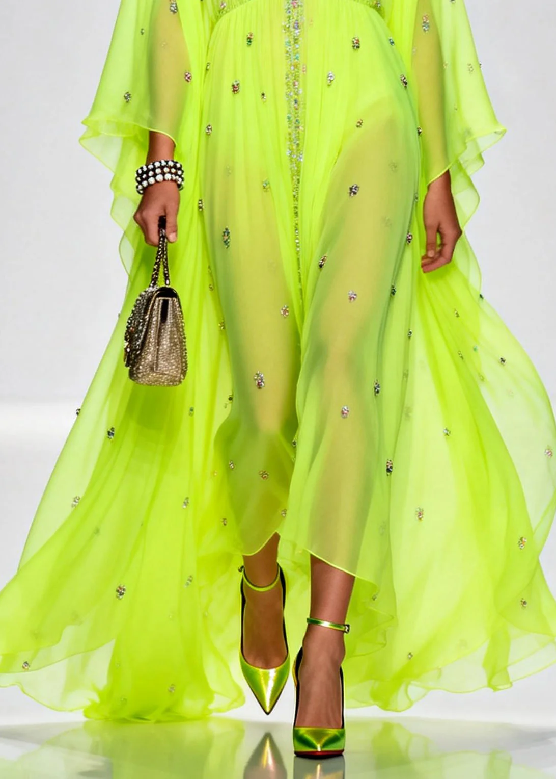 Original Design Fluorescent Green Rhinestone Exra Large Hem Chiffon Party Dresses Summer - Image 4