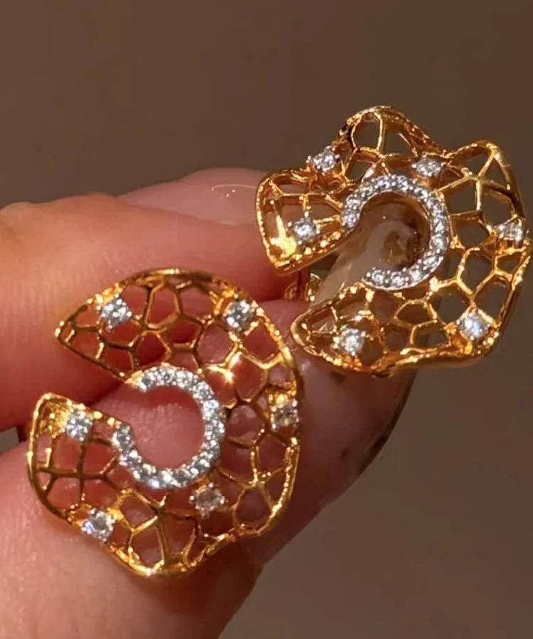 Original Design Gold Copper Alloy Zircon Hollow Out Hoop Earrings - Image 3