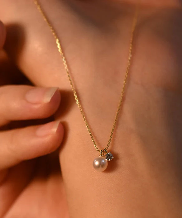 Original Design Gold Pearl Zircon Pendant 14K Gold Necklace - Image 3
