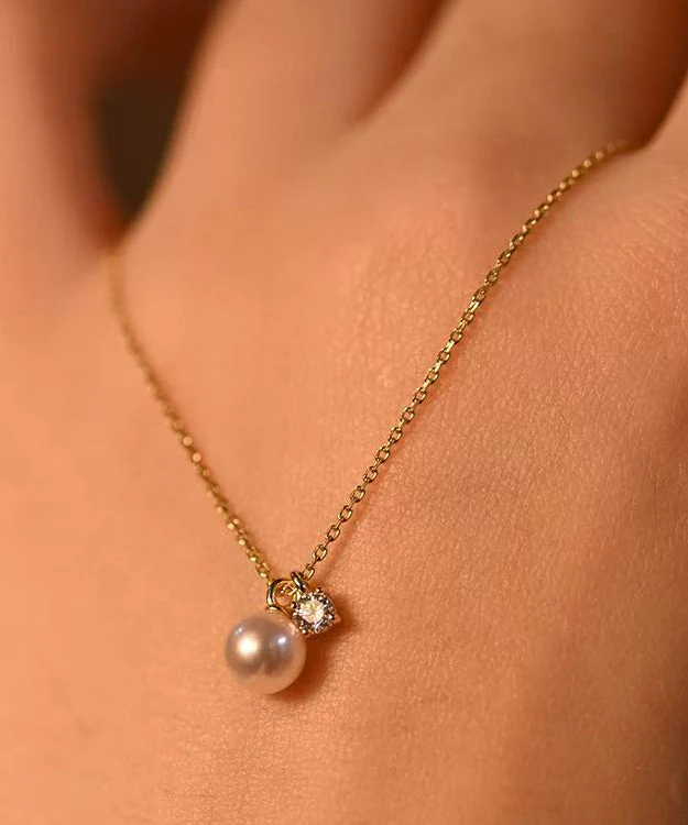 Original Design Gold Pearl Zircon Pendant 14K Gold Necklace - Image 4