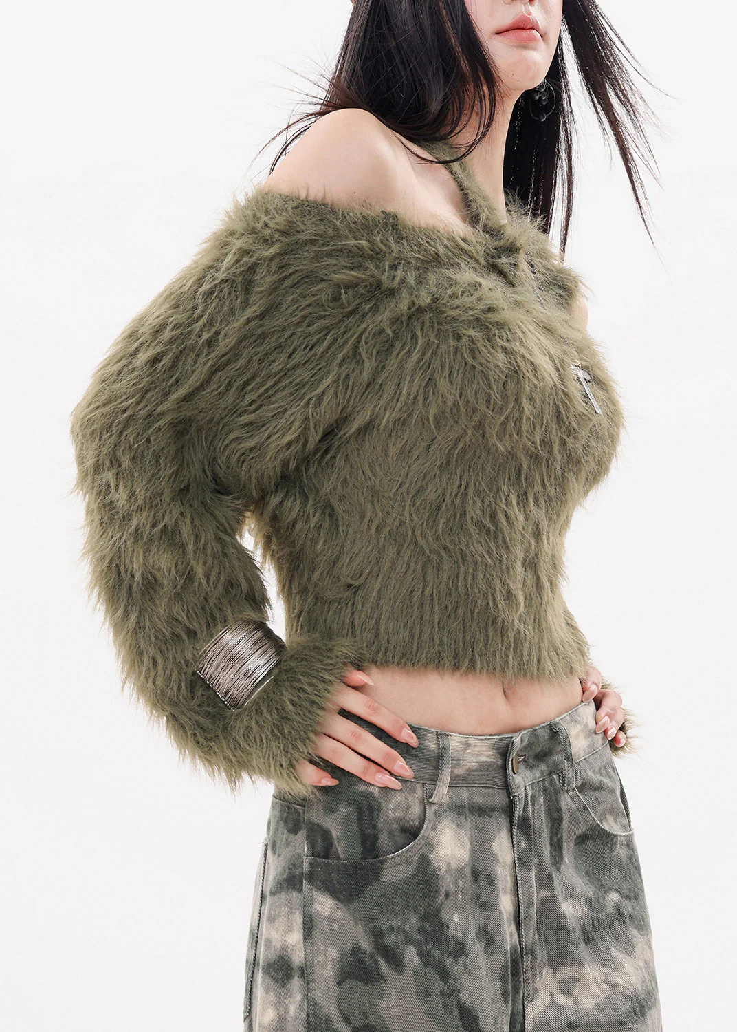 Original Design Green Cold Shoulder Knit Sweaters Spring - Image 3