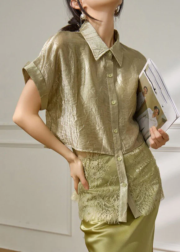 Original Design Green Peter Pan Collar Lace Patchwork Fake Two-Piece Shirts Summer