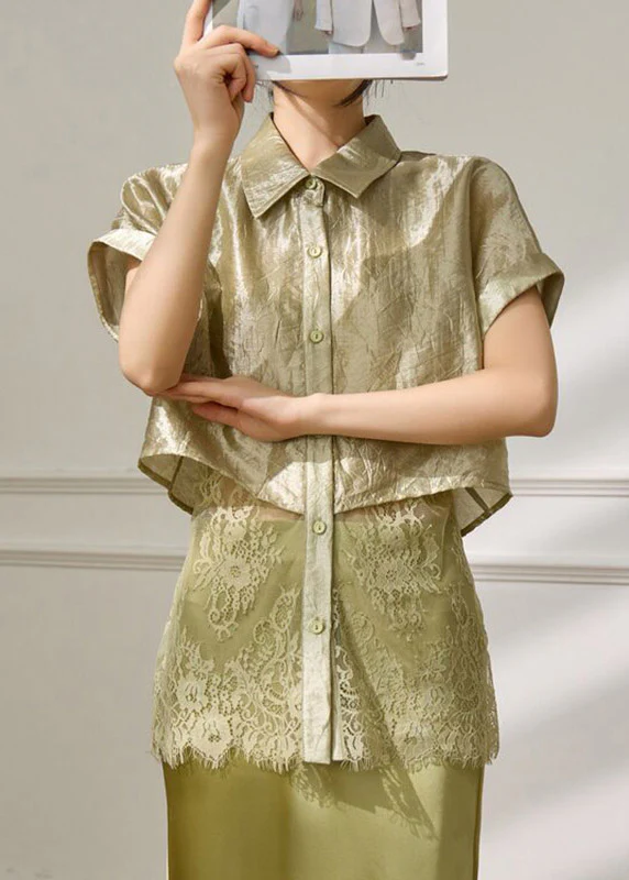 Original Design Green Peter Pan Collar Lace Patchwork Fake Two-Piece Shirts Summer - Image 2