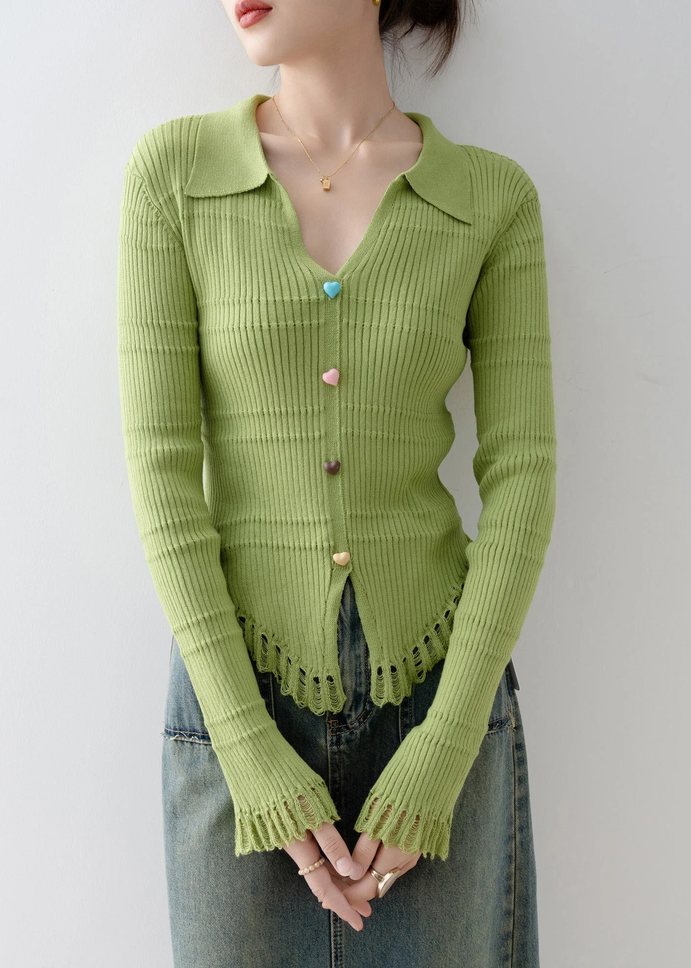 Original Design Green V Neck Knit Top Spring - Image 5