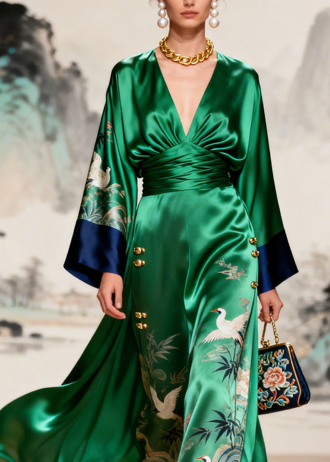 Original Design Green V Neck Print Silk Dresses Long Sleeve - Image 2