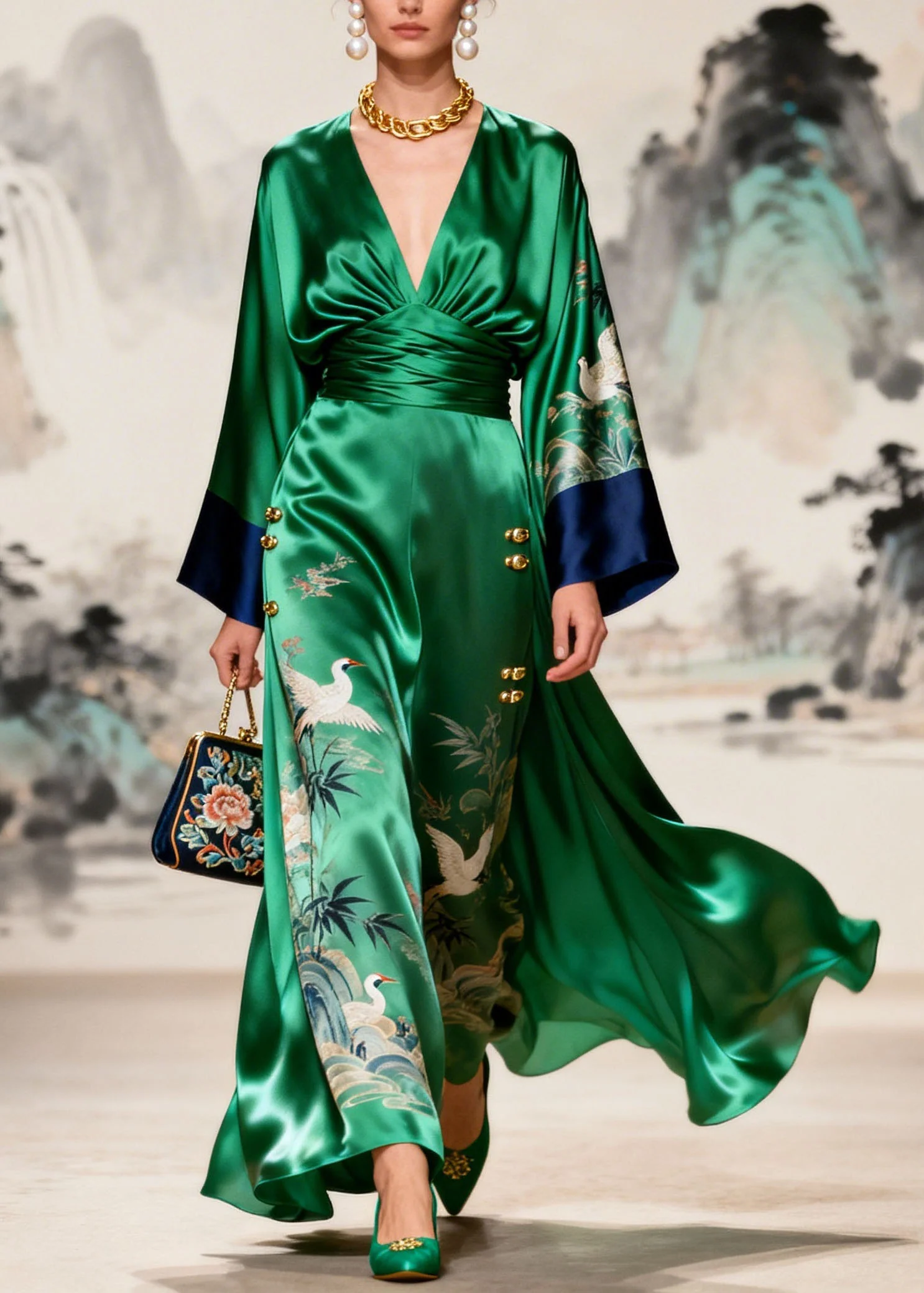Original Design Green V Neck Print Silk Dresses Long Sleeve - Image 3