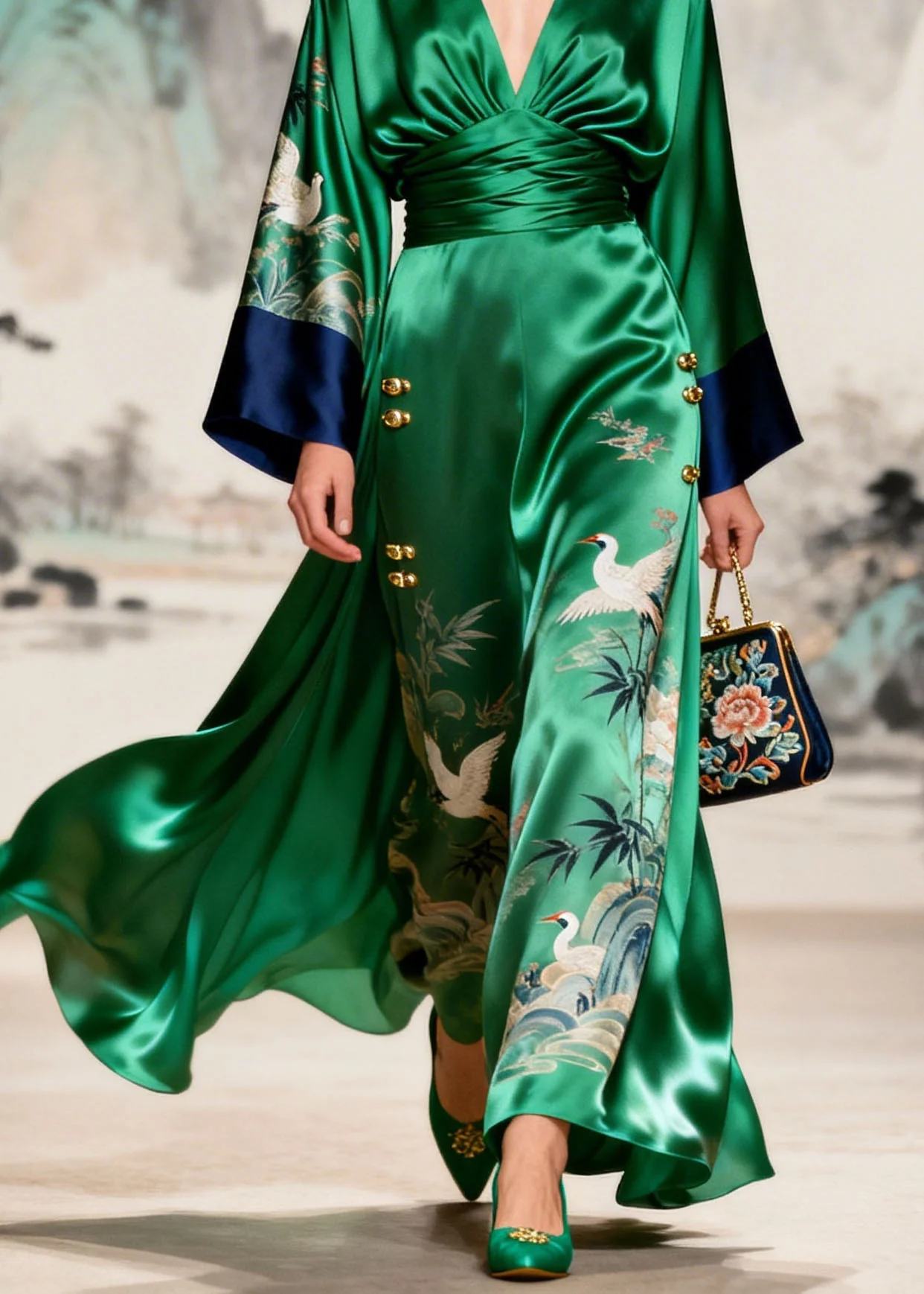 Original Design Green V Neck Print Silk Dresses Long Sleeve - Image 4