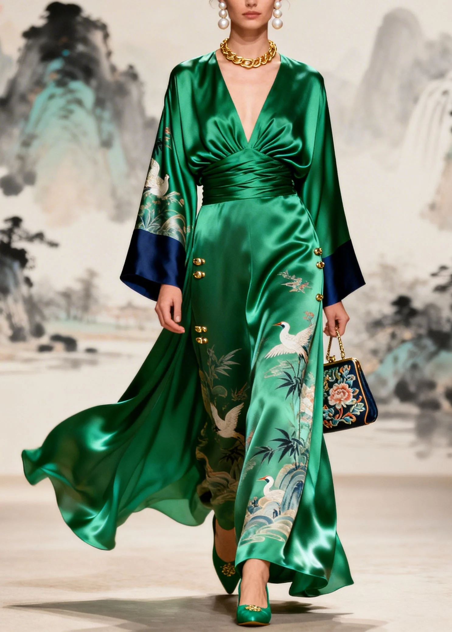 Original Design Green V Neck Print Silk Dresses Long Sleeve - Image 5