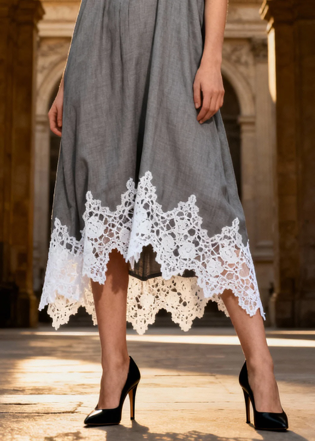 Original Design Grey Halter Lace Patchwork Long Dress Summer - Image 4