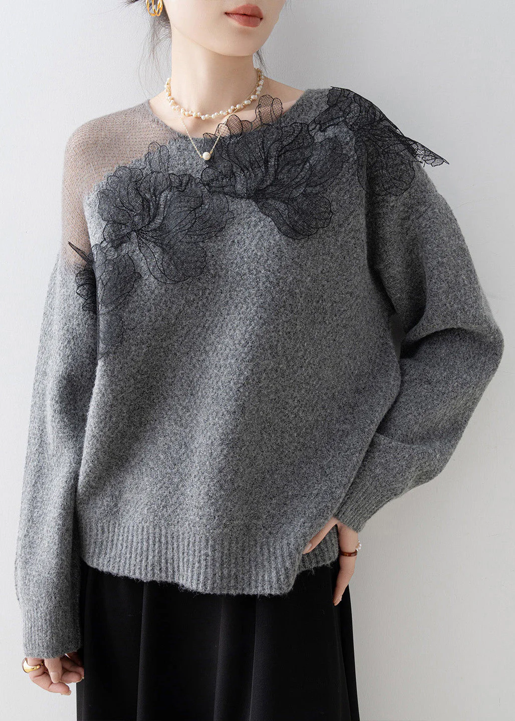 Original Design Grey O-Neck Floral Knit Sweaters Spring - Image 3