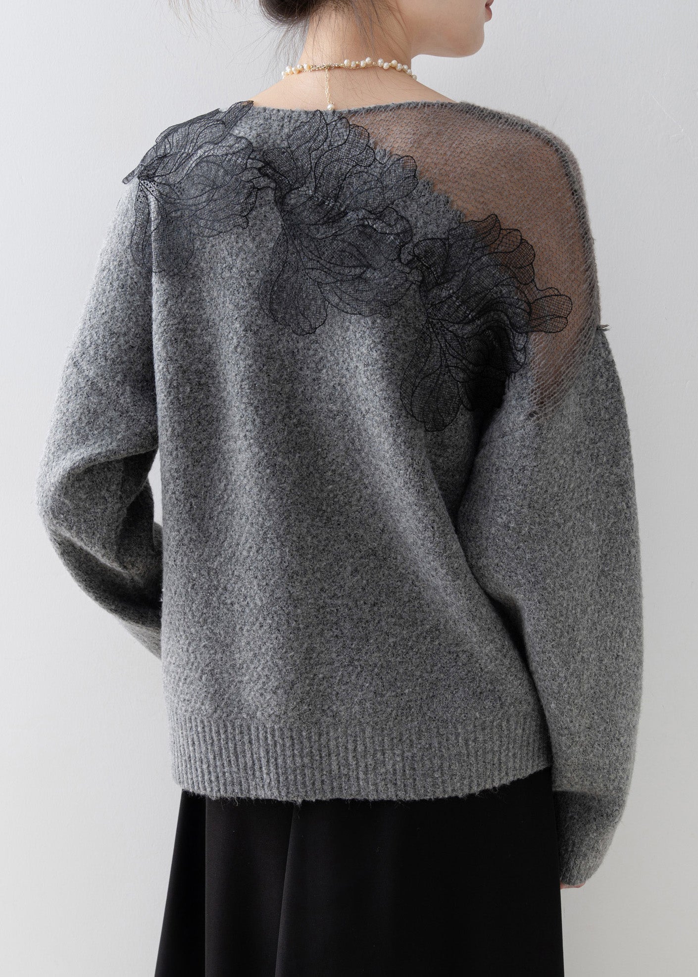 Original Design Grey O-Neck Floral Knit Sweaters Spring - Image 5