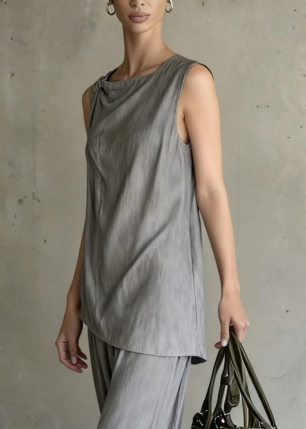 Original Design Grey Tops And Wide Leg Pants Cotton Two Pieces Set Sleeveless - Image 2
