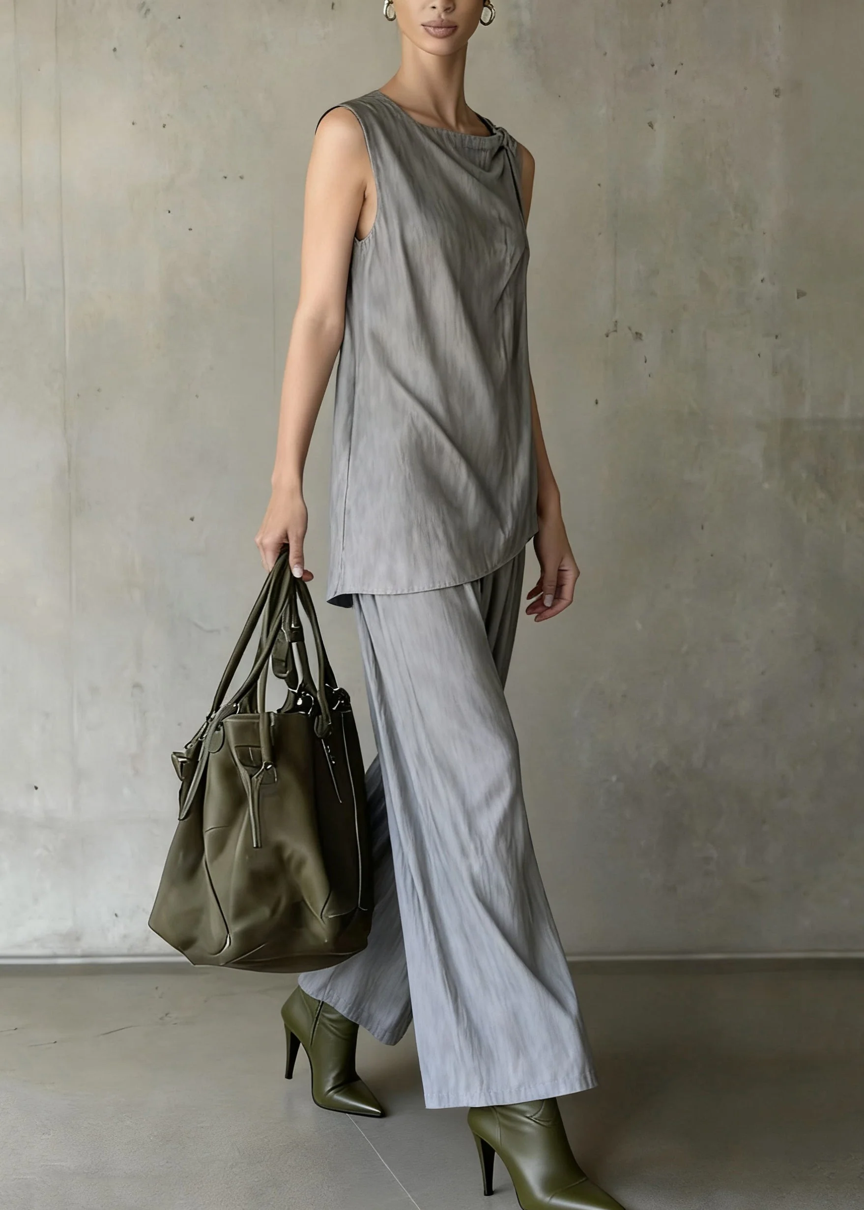 Original Design Grey Tops And Wide Leg Pants Cotton Two Pieces Set Sleeveless - Image 3