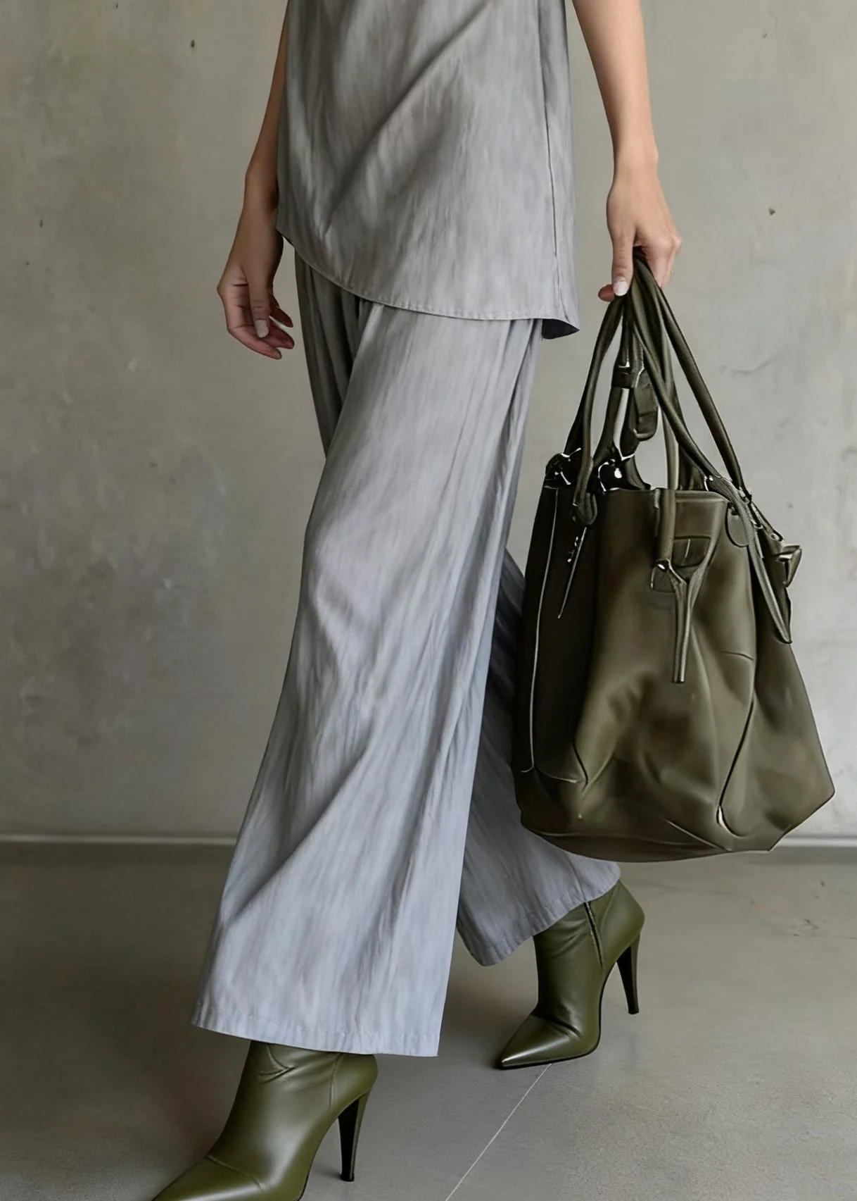 Original Design Grey Tops And Wide Leg Pants Cotton Two Pieces Set Sleeveless - Image 4