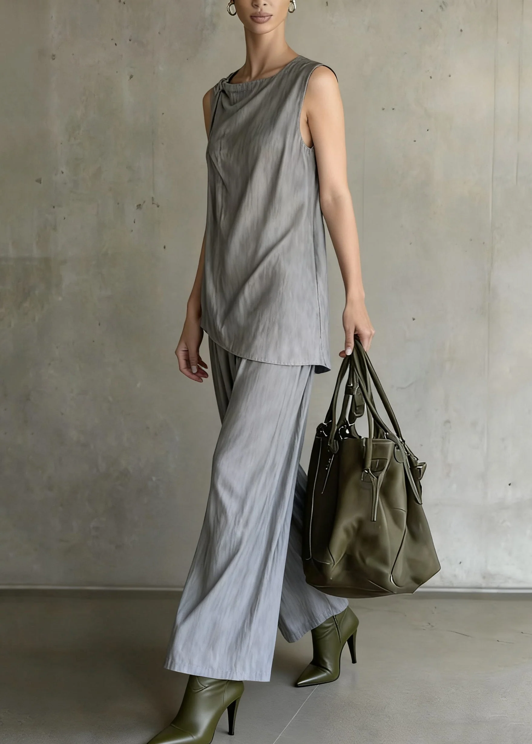 Original Design Grey Tops And Wide Leg Pants Cotton Two Pieces Set Sleeveless - Image 5