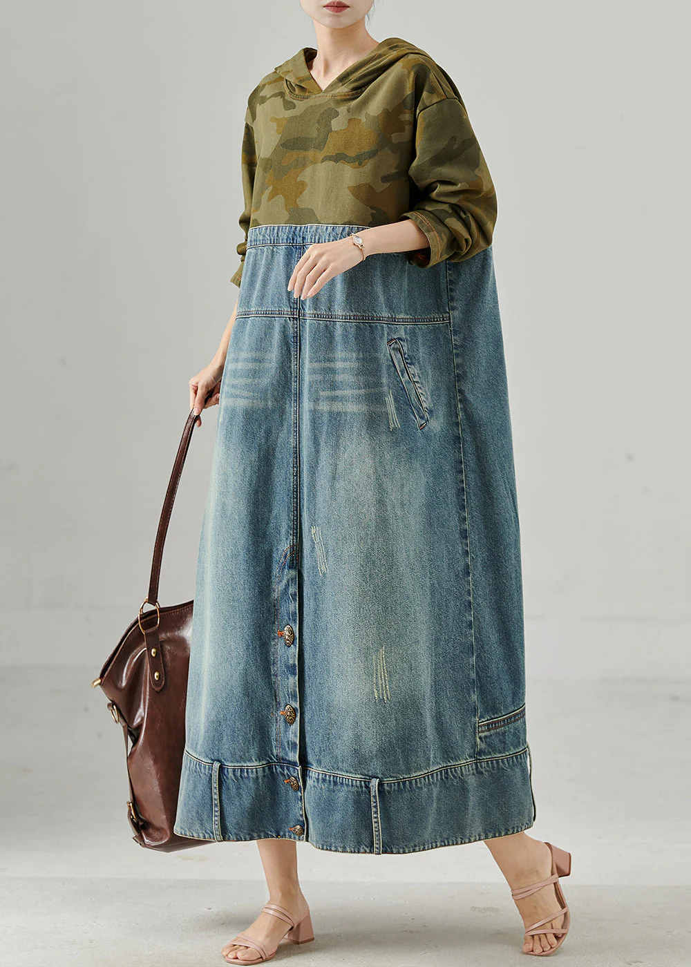 Original Design Hooded Patchwork Denim Maxi Dress Fall - Image 2