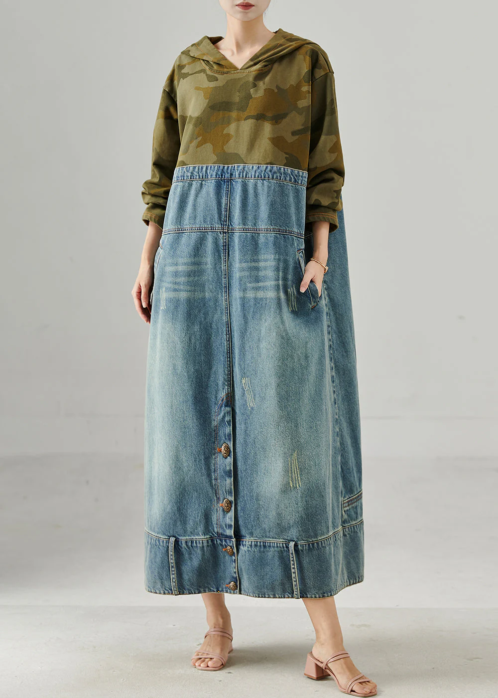 Original Design Hooded Patchwork Denim Maxi Dress Fall - Image 3