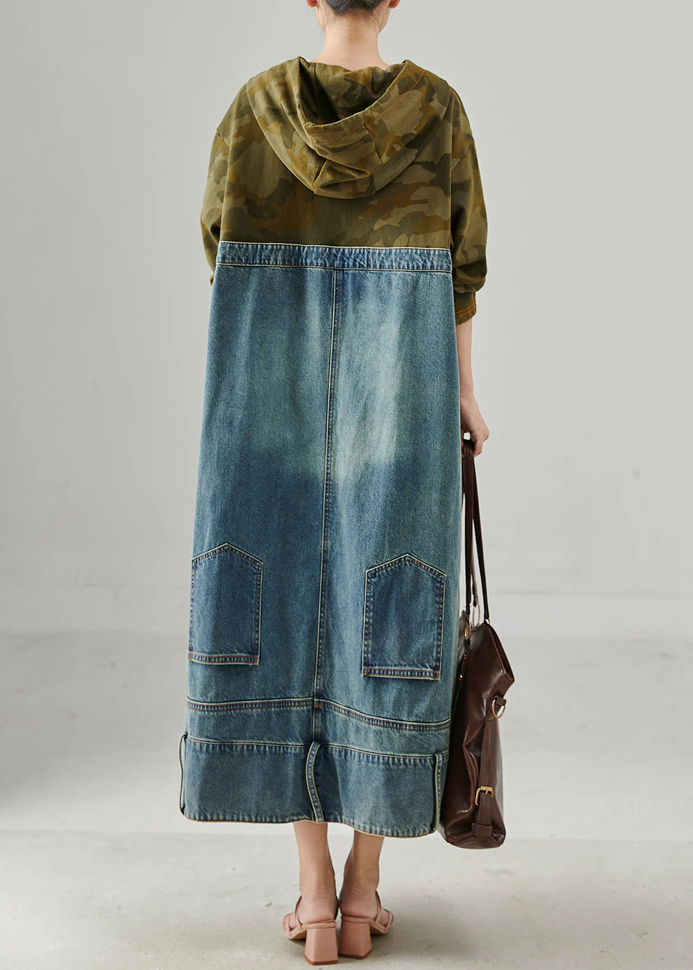 Original Design Hooded Patchwork Denim Maxi Dress Fall - Image 4