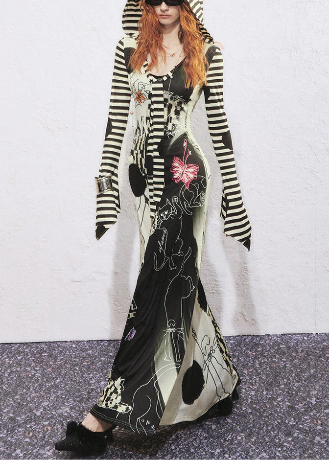 Original Design Hooded Print Cotton Dress Flare Sleeve - Image 2
